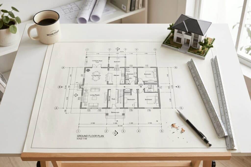 1b1 - Stonebrook Custom Homes Architect discussing custom home design plans with clients at a table