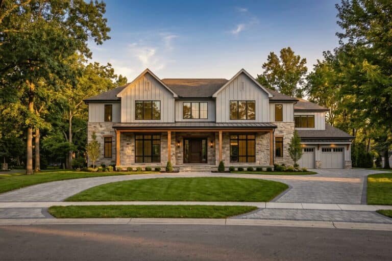 Family standing outside their newly built luxury custom home in Central Ohio