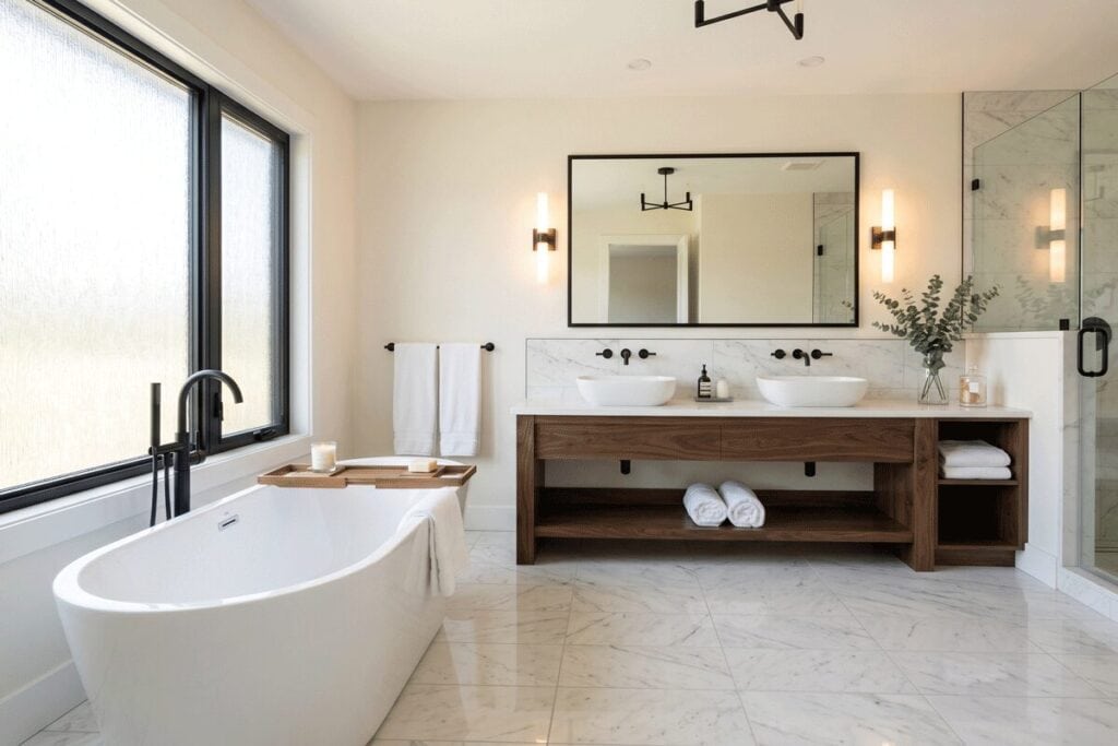 2b2 - Stonebrook Custom Homes Bright modern bathroom with a white freestanding tub by a large window, a double-sink vanity, and a glass shower on marble floors | Stonebrook Custom Homes