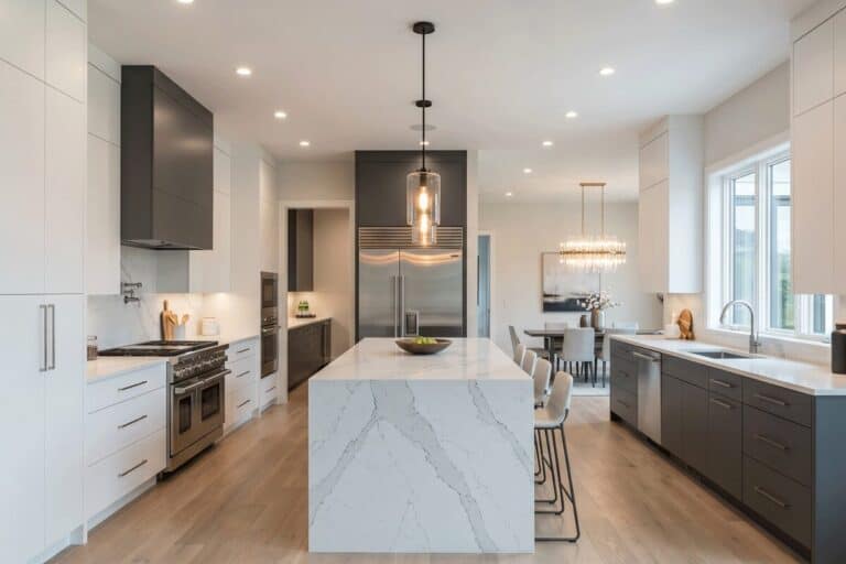 3b1 - Stonebrook Custom Homes Modern open-concept kitchen with a large marble island, white upper cabinets, dark lower cabinets, and stainless appliances; dining area in the background. | Stonebrook Custom Homes