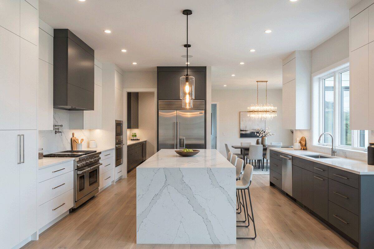 3b1 - Stonebrook Custom Homes - Stonebrook Custom Homes Modern open-concept kitchen with a large marble island, white upper cabinets, dark lower cabinets, and stainless appliances; dining area in the background. | Stonebrook Custom Homes | Stonebrook Custom Homes