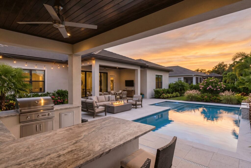 3b2 - Stonebrook Custom Homes Backyard patio at sunset featuring a rectangular pool, lounge seating, built-in grill, and a fire pit under a covered area. | Stonebrook Custom Homes