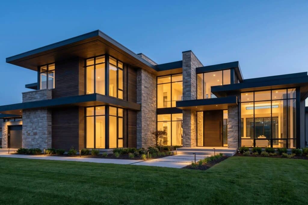 3f - Stonebrook Custom Homes Modern two-story house with large glass windows and stone accents at dusk, warm interior lights visible inside.