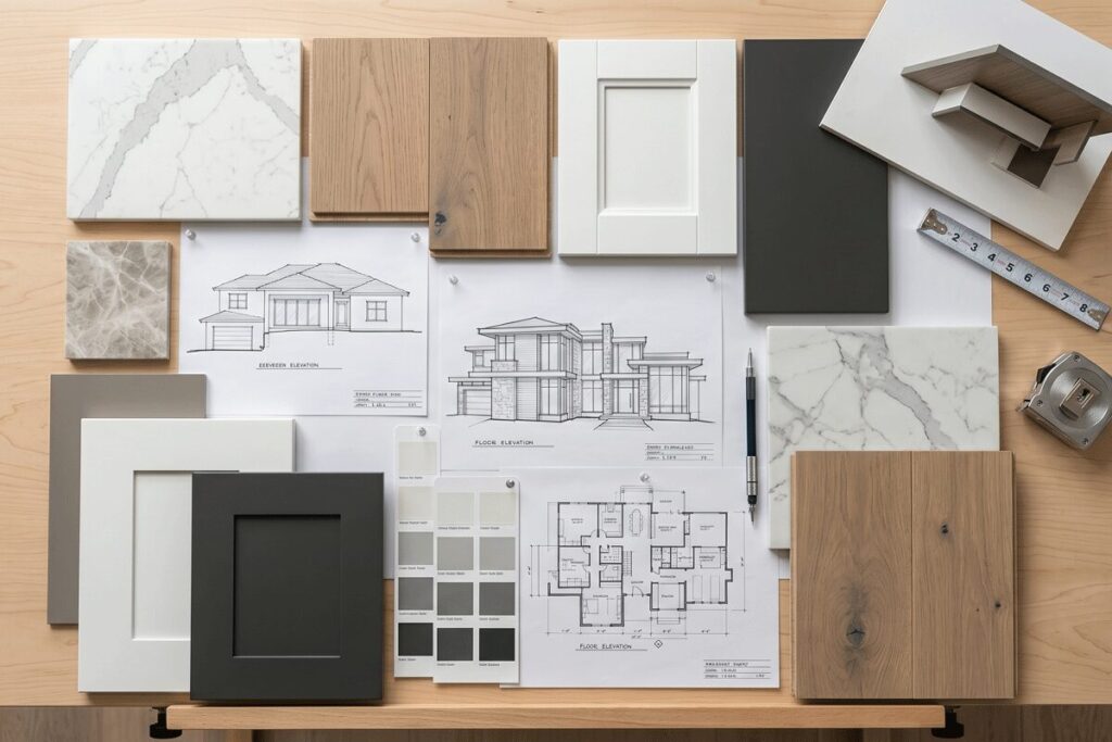 4b1 - Stonebrook Custom Homes Mood board for an interior design project showing wood, marble, and neutral finish samples with architectural blueprints on a work desk. | Stonebrook Custom Homes