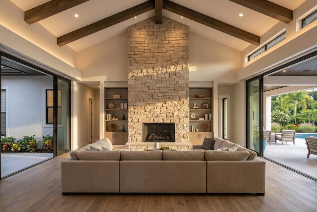 4b2 - Stonebrook Custom Homes Open-concept living room with a tall stone fireplace, exposed wood beams, built-in shelves, and large sliding glass doors to an outdoor pool area. | Stonebrook Custom Homes