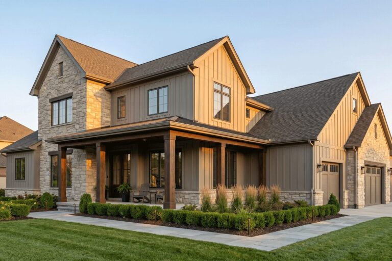 4f - Stonebrook Custom Homes Modern two-story suburban home with stone accents, gray siding, and a covered front porch. | Stonebrook Custom Homes