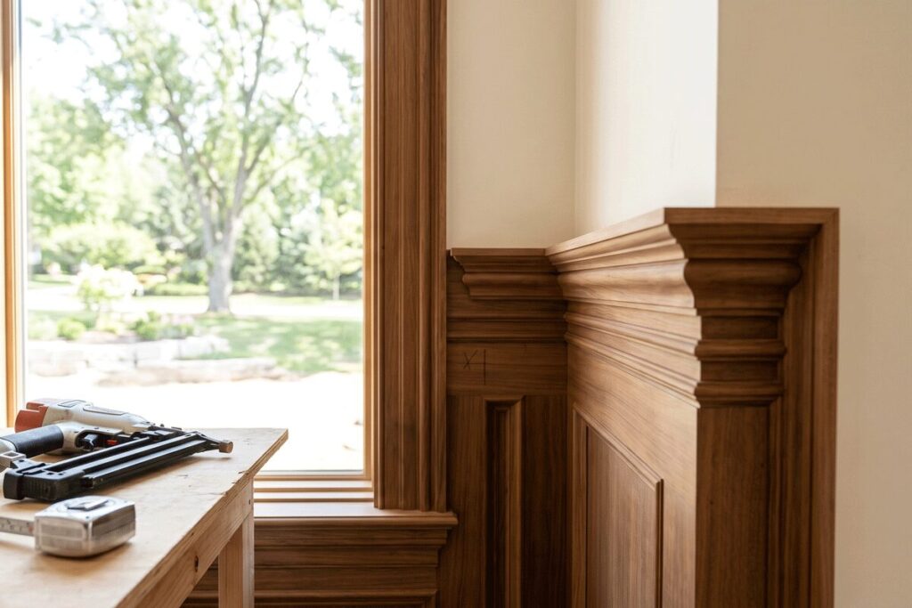 5b1 - Stonebrook Custom Homes Woodworking scene: ornate wooden trim being installed near a window, with tools on a worktable nearby. | Stonebrook Custom Homes