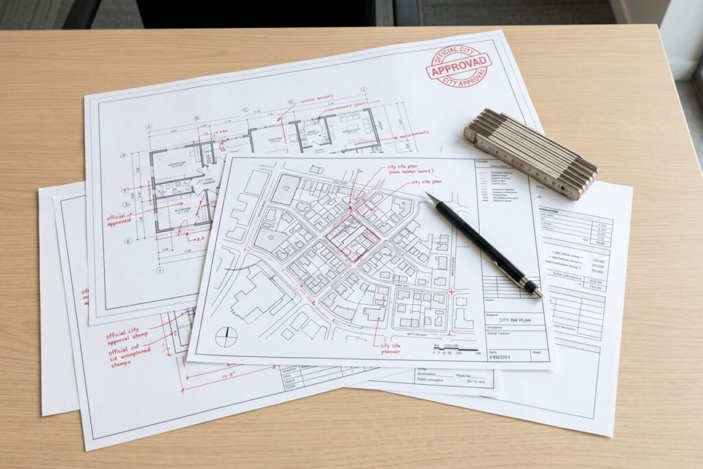 5b2 - Stonebrook Custom Homes Architectural blueprints and a city plan spread on a wooden desk with a pen and scale ruler | Stonebrook Custom Homes