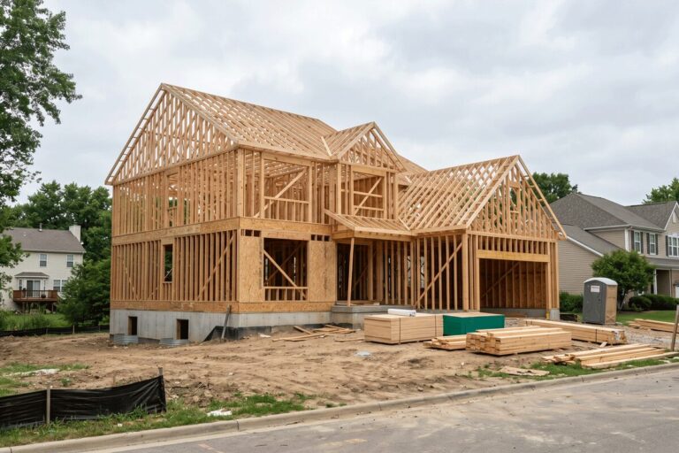 5f - Stonebrook Custom Homes Timber-framed two-story house under construction with exposed studs and roof trusses on a dirt lot, in a suburban area. | Stonebrook Custom Homes